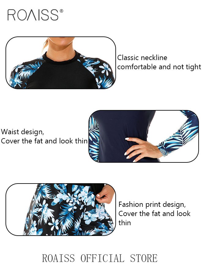 roaiss - Women One Piece Swimsuit with Boxer Shorts Fashionable Print Design One Piece Beach Suit Women Long Sleeved Sun Protection Surfing Wetsuit - Image 1