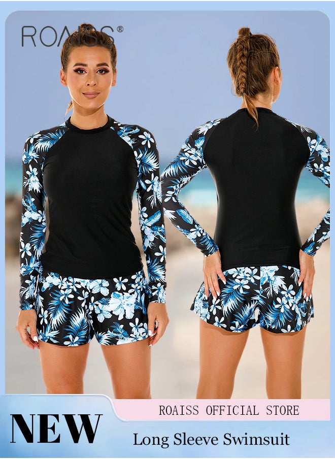 roaiss - Women One Piece Swimsuit with Boxer Shorts Fashionable Print Design One Piece Beach Suit Women Long Sleeved Sun Protection Surfing Wetsuit - Image 1