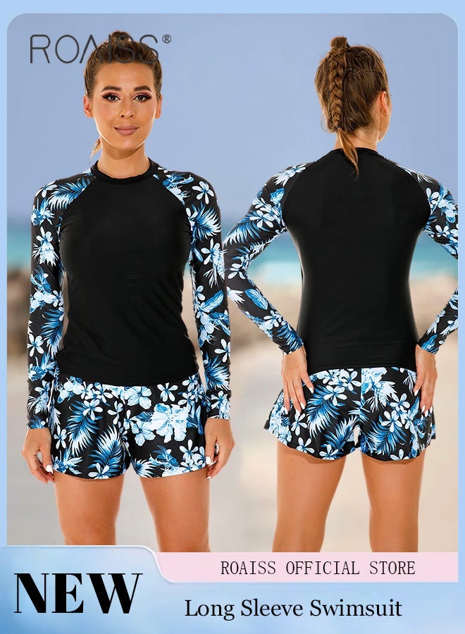 رويس بدلة سباحة نسائية قطعة واحدة مع شورتات بوكسر تصميم عصري مطبوع قطعة واحدة بدلة شاطئ نسائية بأكمام طويلة للحماية من الشمس بدلة ركوب الأمواج - Image 1