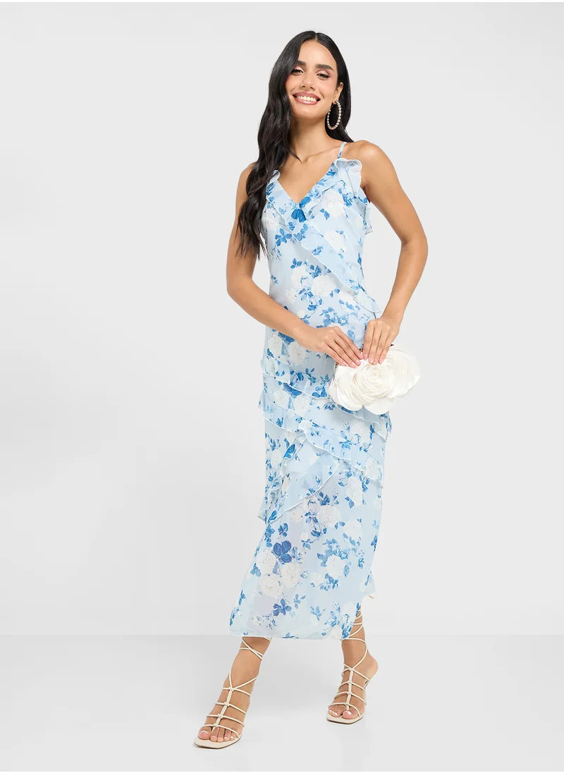 جينجر Strappy Floral Frill Detail Dress
