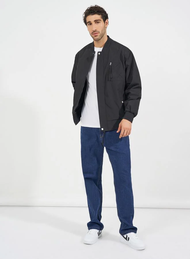 Styli Pocket Zip Detail Lined Solid Bomber Jacket