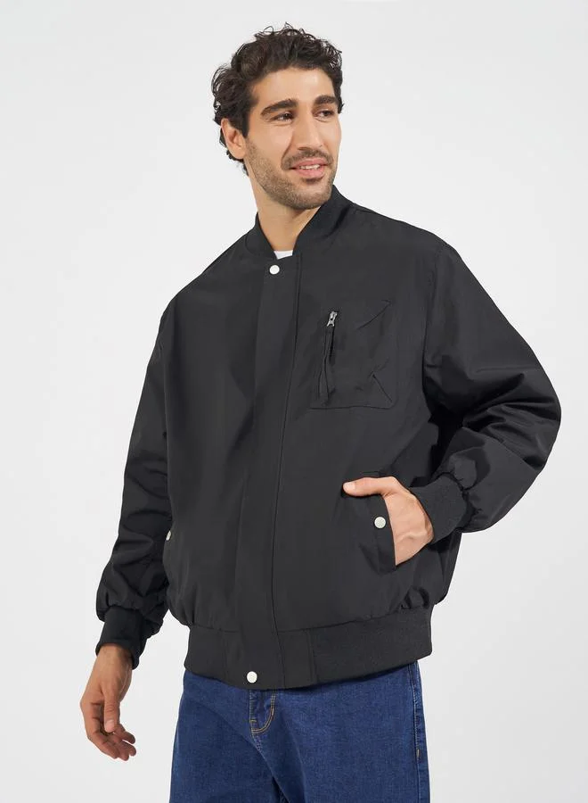 Styli Pocket Zip Detail Lined Solid Bomber Jacket