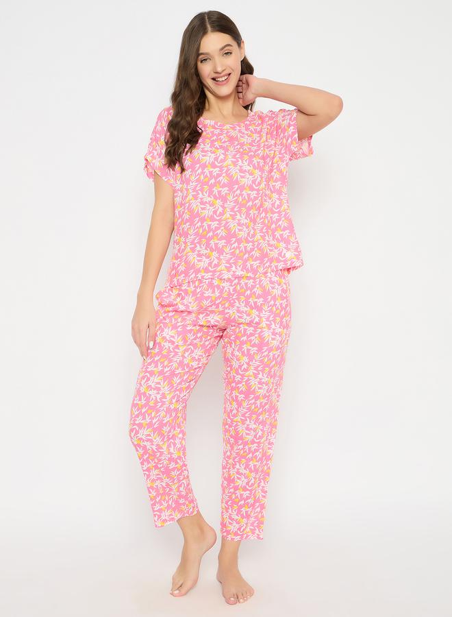 Clovia Printed Round Neck Top and Pyjama Set - Image 1