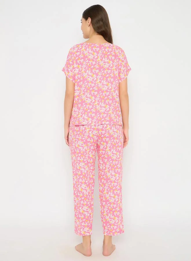 Clovia Printed Round Neck Top and Pyjama Set by Styli