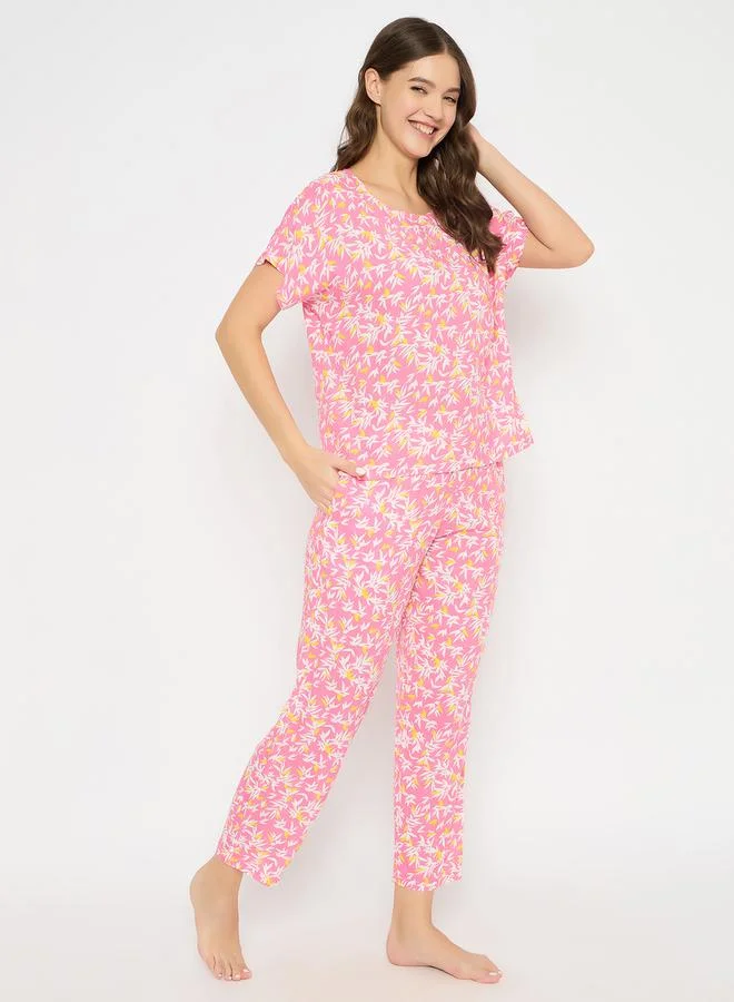 Clovia Printed Round Neck Top and Pyjama Set by Styli