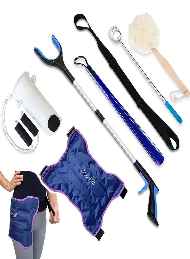 Nourislif 7 in 1 Hip Knee Replacement Kit - Grabber, Sock Aids, Long Shoehorn & Dressing Stick, Leg Strip, Extendable Back Scratcher, Loofah Scrubber for Hip Replacement, Knee or Back Surgery - Image 1