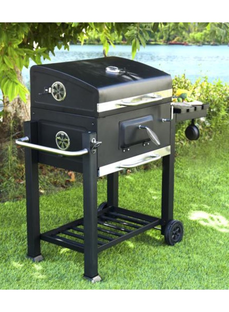 Yuwell Charcoal BBQ Grill Adjustable Portable Outdoor Barbecue Smoker With 1 Side Table Racks Temperature Gauge And Additional Storage Shelf Camping Grill With Wheel And Stand Black - Image 3