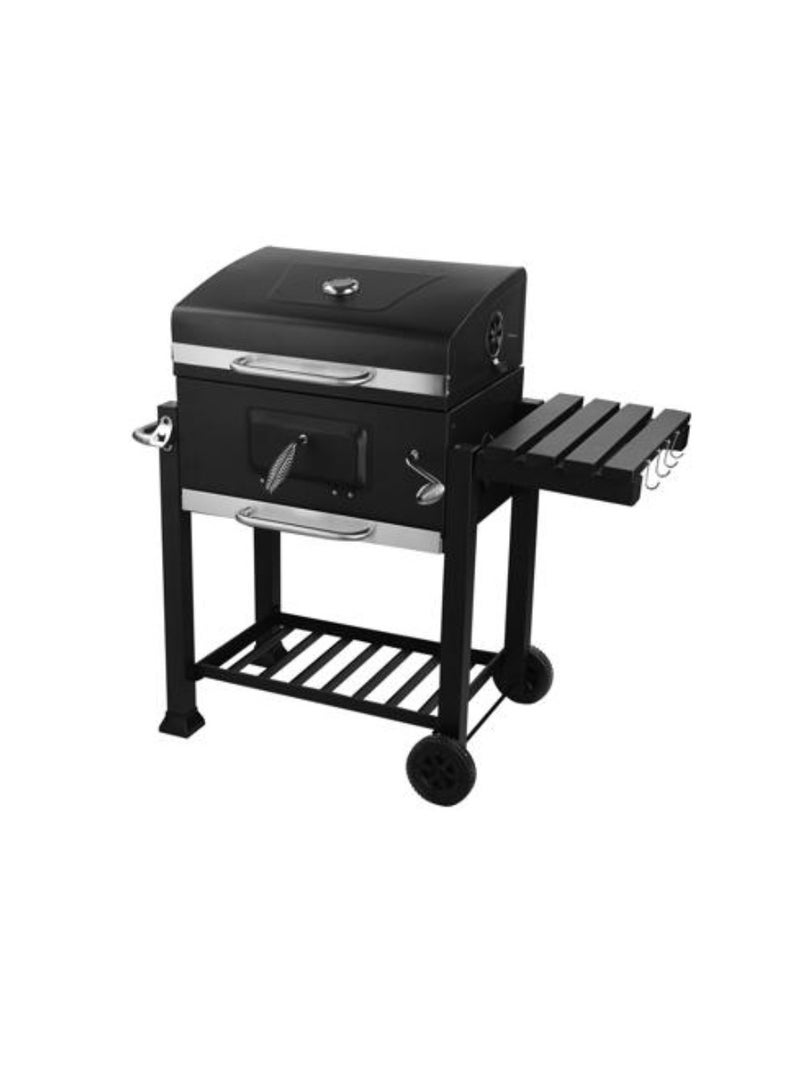 Yuwell Charcoal BBQ Grill Adjustable Portable Outdoor Barbecue Smoker With 1 Side Table Racks Temperature Gauge And Additional Storage Shelf Camping Grill With Wheel And Stand Black - Image 2
