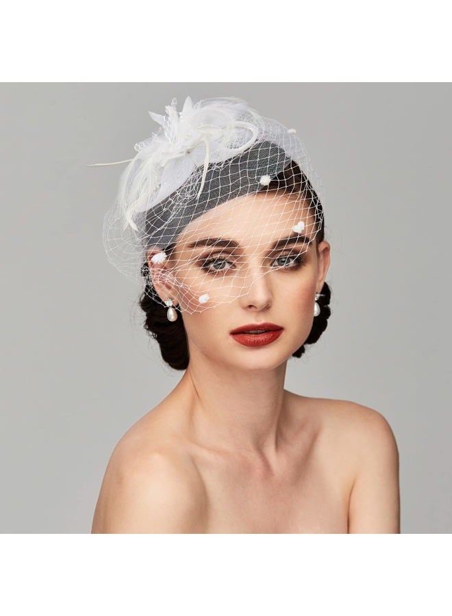 TS Accessories Headwear Elegant Luxurious Feather Mesh Fascinators Hair Clip for Wedding/Banquet/Party/Church, White, One size - Image 2