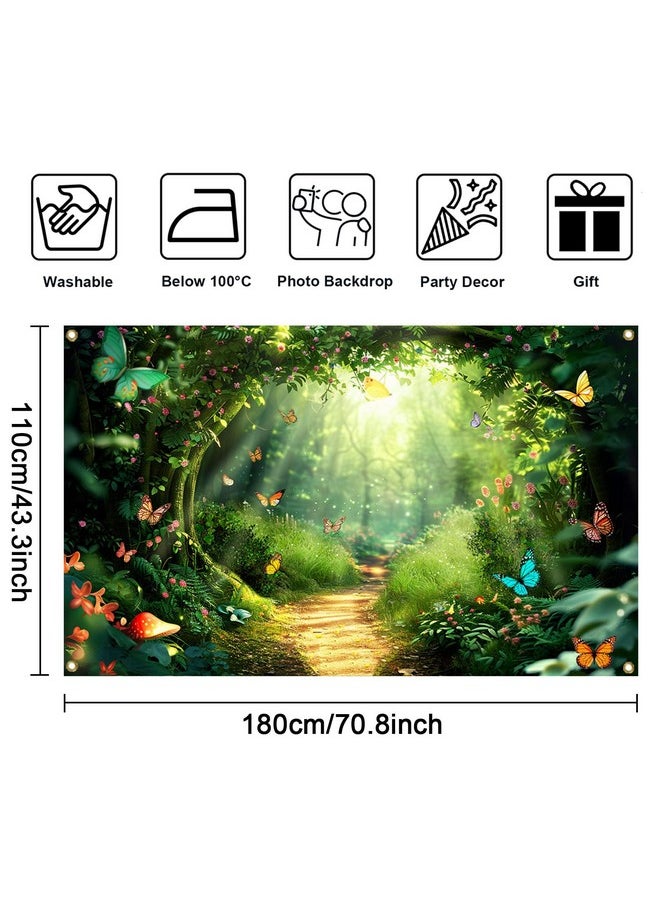 Mocsicka Mocsicka Enchanted Forest Banner Backdrop Fairy Magic Forest Party Decorations Banner Butterfly for Kids Girls Wonderland Background for Photography (Green, 70.8x43.3 inch)  - Image 2