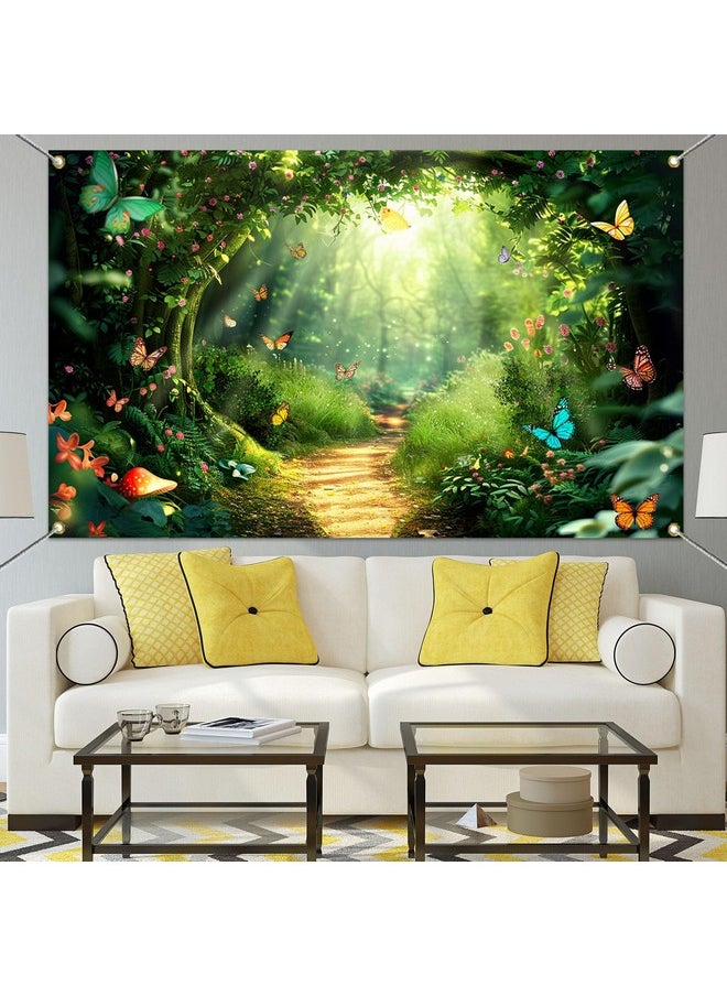 Mocsicka Mocsicka Enchanted Forest Banner Backdrop Fairy Magic Forest Party Decorations Banner Butterfly for Kids Girls Wonderland Background for Photography (Green, 70.8x43.3 inch)  - Image 3