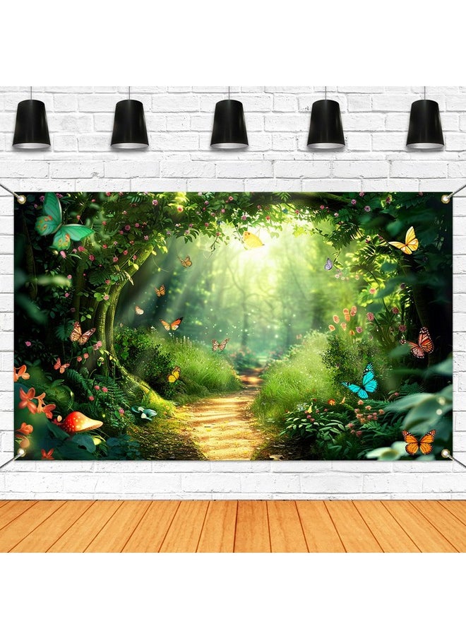 Mocsicka Mocsicka Enchanted Forest Banner Backdrop Fairy Magic Forest Party Decorations Banner Butterfly for Kids Girls Wonderland Background for Photography (Green, 70.8x43.3 inch)  - Image 1