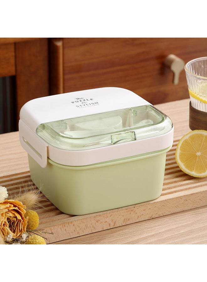 Nordic-style Double-layer Plastic Lunch Box Small Compartment Lunch Box Student Portable Microwave Oven Available Fresh-keeping Box-Specifications:1.1L Lifting Cap Green  - Image 1