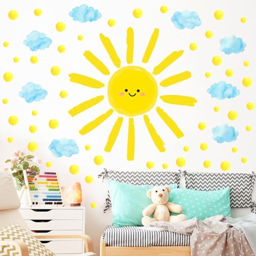 Eutecado Sun Wall Decals Watercolor Cloud Wall Stickers for Kids Room, 12 Sheets Large Sun Cloud Wall Decor Posters Polka Dots Wall Stickers Home Decorations for Girls Room Bedroom Play Room - Image 1
