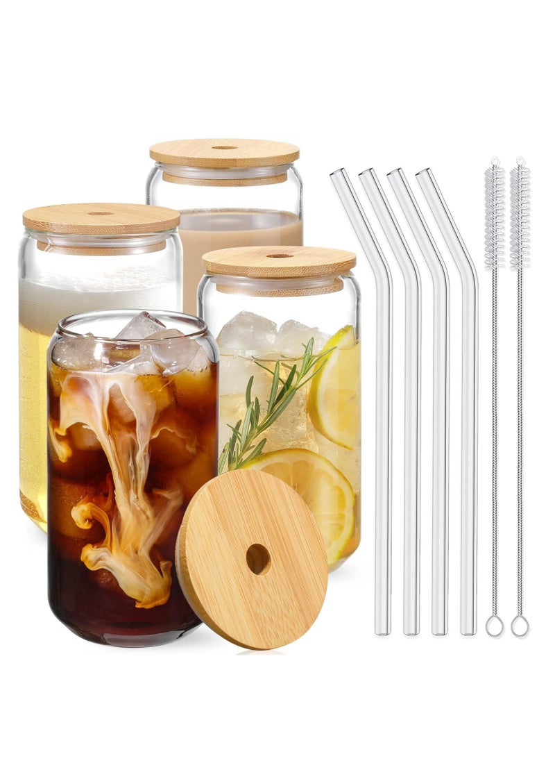 Beauenty Drinking Glasses with Bamboo Lids and Glass Straw 4pcs Set - 16oz Can Shaped Glass Cups, Drink Glasses, Iced Coffee Glasses, Cute Tumbler Cup, Ideal for Brithday Gift - 2 Cleaning Brushes  - Image 1