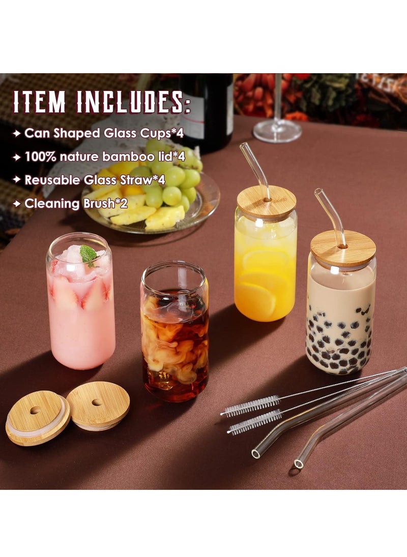 Beauenty Drinking Glasses with Bamboo Lids and Glass Straw 4pcs Set - 16oz Can Shaped Glass Cups, Drink Glasses, Iced Coffee Glasses, Cute Tumbler Cup, Ideal for Brithday Gift - 2 Cleaning Brushes  - Image 5