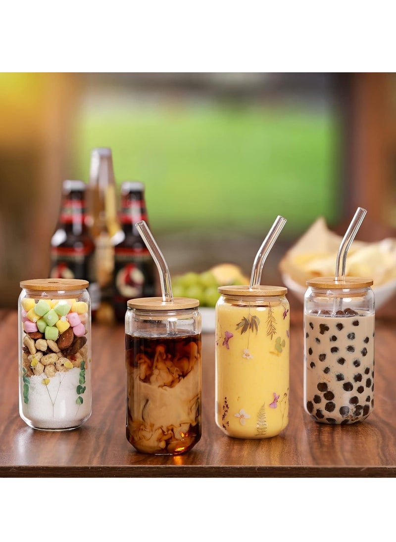 Beauenty Drinking Glasses with Bamboo Lids and Glass Straw 4pcs Set - 16oz Can Shaped Glass Cups, Drink Glasses, Iced Coffee Glasses, Cute Tumbler Cup, Ideal for Brithday Gift - 2 Cleaning Brushes  - Image 4