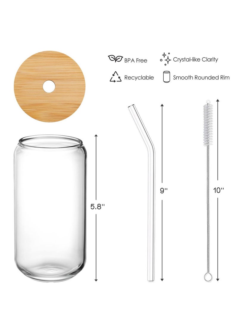 Beauenty Drinking Glasses with Bamboo Lids and Glass Straw 4pcs Set - 16oz Can Shaped Glass Cups, Drink Glasses, Iced Coffee Glasses, Cute Tumbler Cup, Ideal for Brithday Gift - 2 Cleaning Brushes  - Image 2
