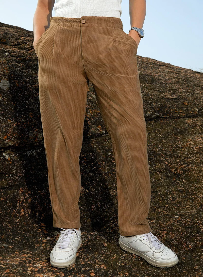 Campus Sutra Men's Chocolate Brown Tailored Waffle Trousers
