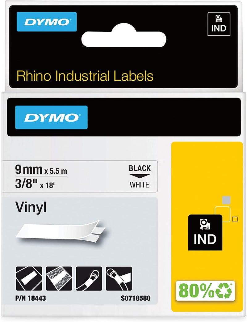 Dymo 18443 3/8" Vinyl tape Rhino Labels - White, Authentic - Image 1