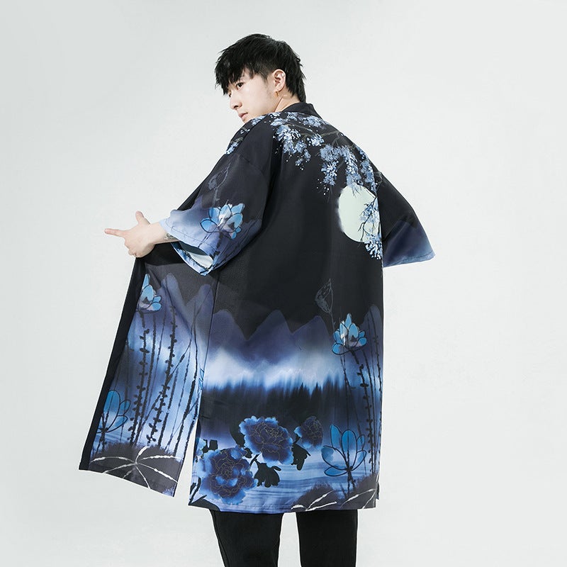 2023 Summer New Chinese Style Mens Trendy Printed Long Sleeve Hanfu Japanese Cardigan Manteau Casual Loose Fit K207 Black  - Image 1