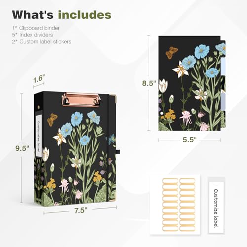 Ospelelf Mini Binder 3 Ring 1 Inch, Floral Round Ring Clipboard Binder with 5 Tab Dividers, File Folder Labels, for School and Office Supplies - Image 4
