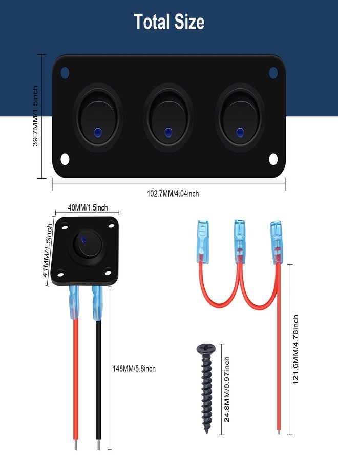 RVZONE 3 Gang Rocker Toggle Switch Panel DC 12V 20A Blue LED Switch Panel Round Lights On Off SPST Switch Control for Boat, Yacht, RV, Bus, Trailer, Camper, Boat, etc - Image 2