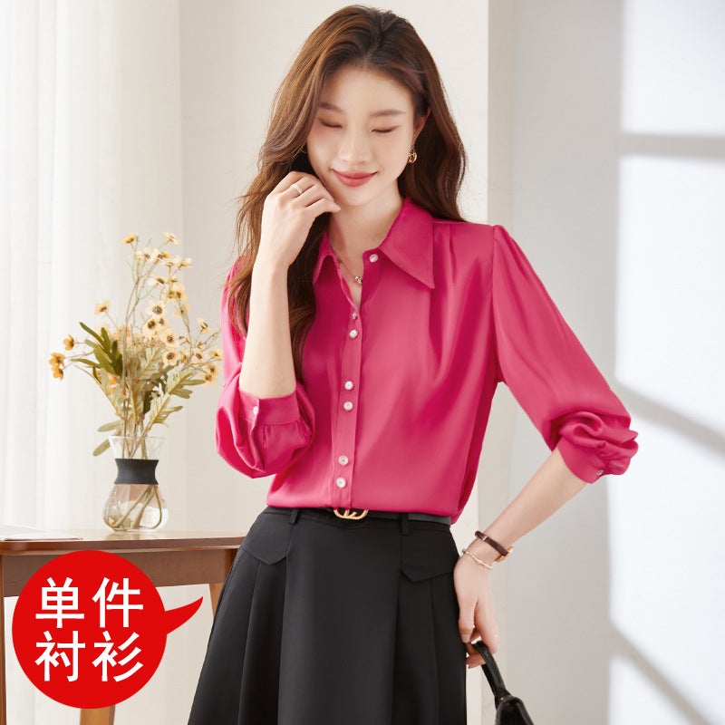 2024 Busalong Long Sleeve Womens Blouse Workwear rose red shirt