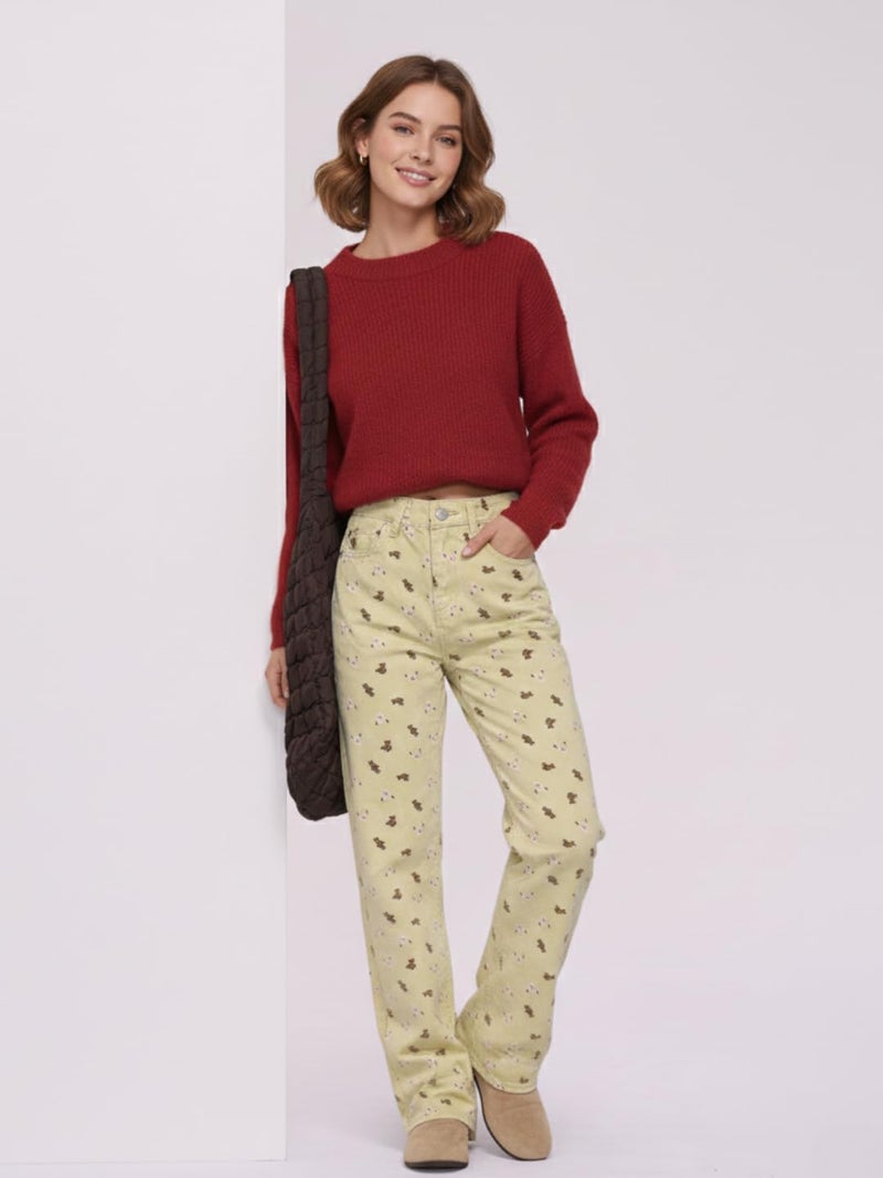 Celary Stylish Embroidered Denim Pants for Women | Casual Wide Leg Jeans with Floral Design - Image 3