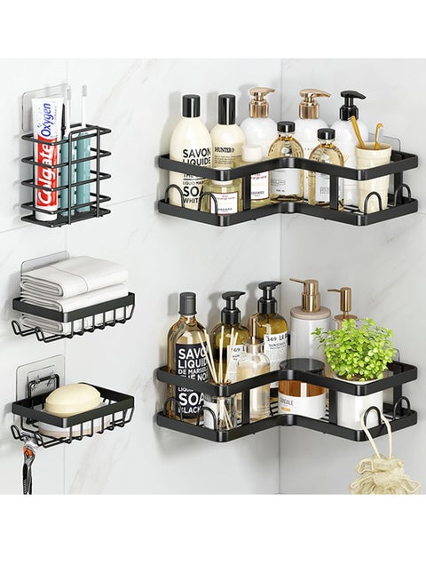 Corner Shower Caddy 5 Pack, Adhesive Shower Organizer, Shower Rack with 16 Hooks, Large Capacity, Rustproof Stainless Steel Shower Shelf for Inside Shower & Bathroom Storage&Home Decor, Black