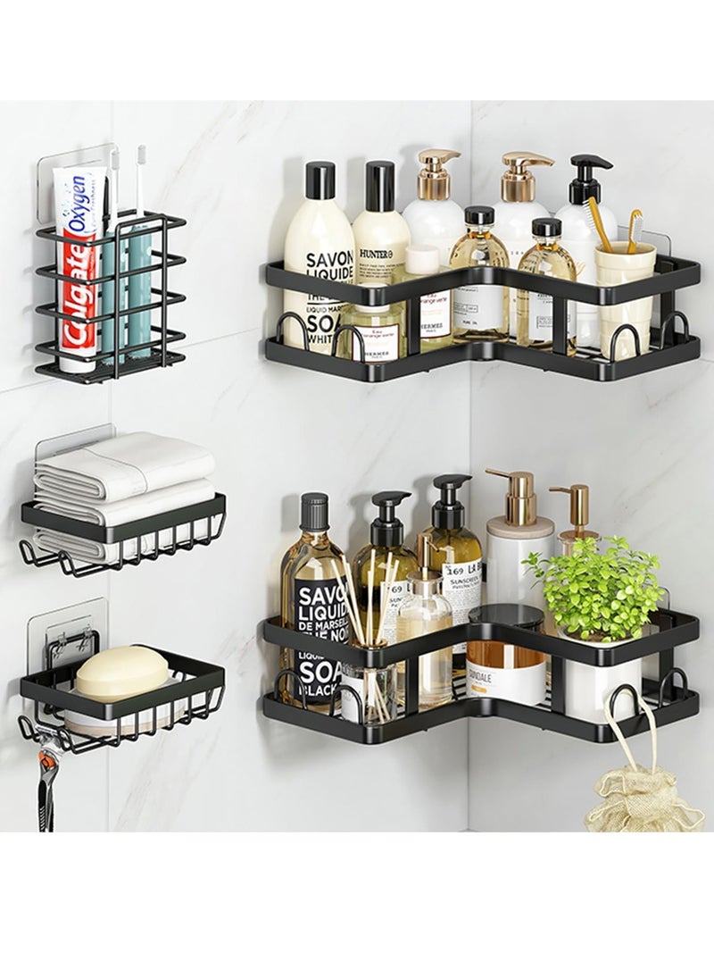 Tiokkss - Corner Shower Caddy 5 Pack, Adhesive Shower Organizer, Shower Rack with 16 Hooks, Large Capacity, Rustproof Stainless Steel Shower Shelf for Inside Shower & Bathroom Storage&Home Decor, Black - Image 1