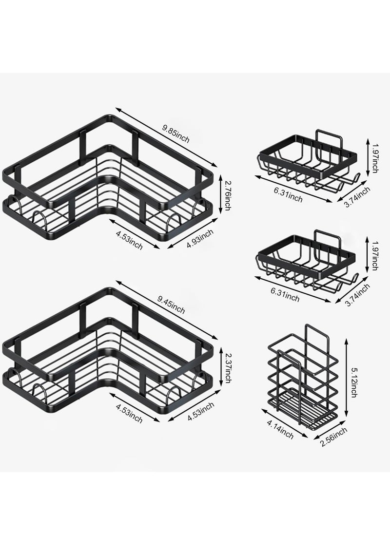 Tiokkss - Corner Shower Caddy 5 Pack, Adhesive Shower Organizer, Shower Rack with 16 Hooks, Large Capacity, Rustproof Stainless Steel Shower Shelf for Inside Shower & Bathroom Storage&Home Decor, Black - Image 1