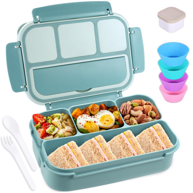 shell and turtle Bento Box Adult Lunch Box, Lunch Containers for Kids Girls Boys with 4 Compartments, Lunchable Food Container with Utensils, Sauce Jar, Muffin Liners, 40 Oz/5 Cup, Light Teal - Image 1