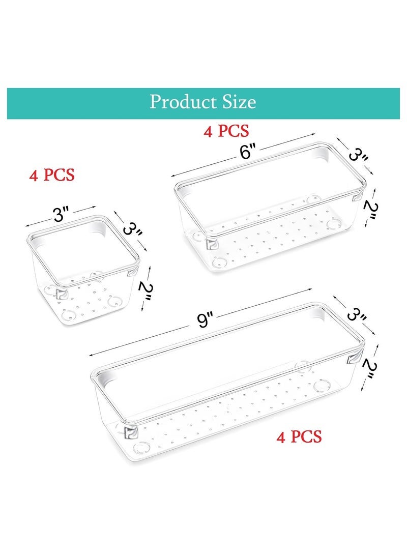 12 Piece Drawer Organizer Set, 3 Sizes Storage Drawer Units, Clear Plastic Makeup Organizer and Storage Boxes for Makeup, Stationery, and Multi-Tools for Bathroom, Office, and Bedroom - Image 2