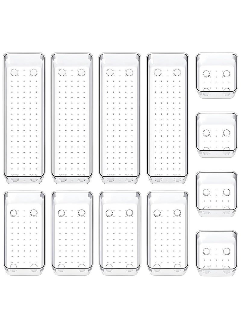 12 Piece Drawer Organizer Set, 3 Sizes Storage Drawer Units, Clear Plastic Makeup Organizer and Storage Boxes for Makeup, Stationery, and Multi-Tools for Bathroom, Office, and Bedroom - Image 1