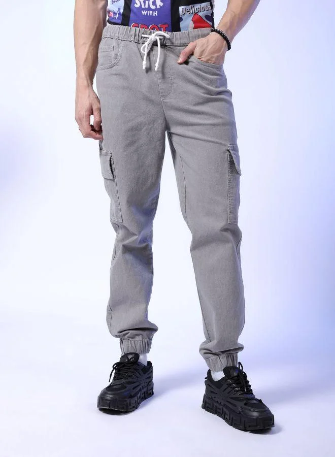 Men Regular Fit Solid Mid-Rise Stretchable Denim Cargo Joggers