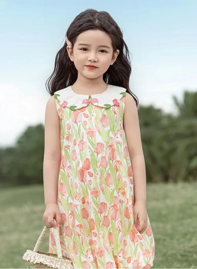 Yoehyaul Girls Tulip Print Cotton Dress with Scallop Collar and Bow Trim