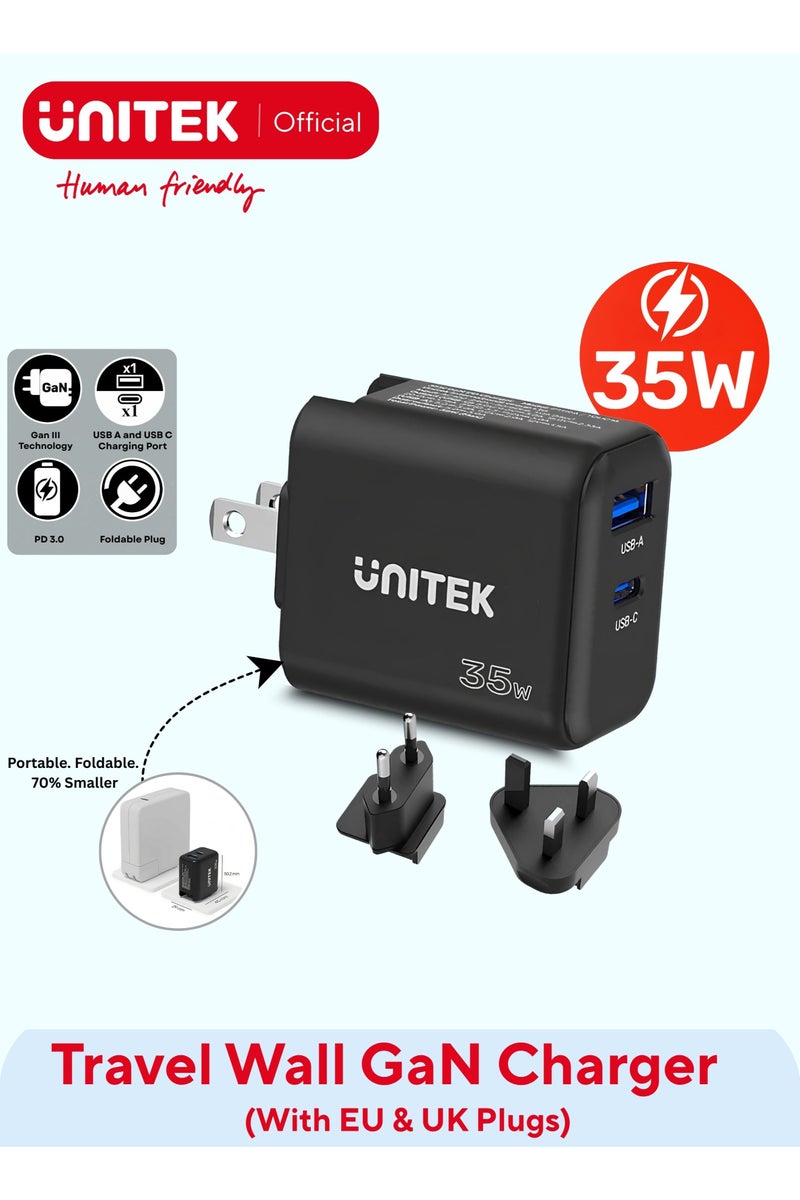 UNITEK Unitek P1119A GaN Universal Wall Charger with Dual-Port PD 3.0 (35W) & QC 3.0 (18W).  - Image 1