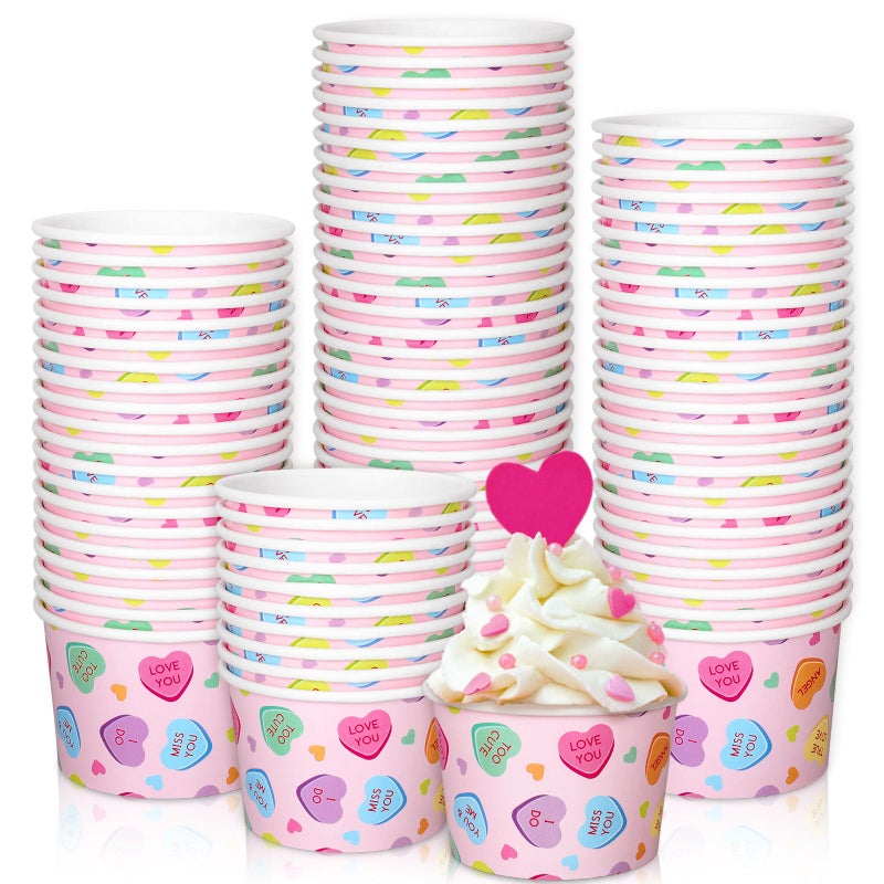 Whaline 100Pcs Valentines Day Treat Snack Cups 8oz Pastel Pink Conversation Heart Ice Cream Cups Disposable Dessert Bowls For Wedding Bridal Shower Birthday