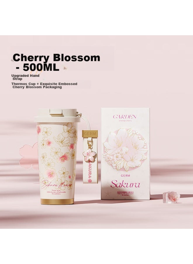 Germ Shining Double-insulated Water Bottle With Straw, Large Capacity Student Cup Gift Mug, 500ml Cherry Blossom - Image 1