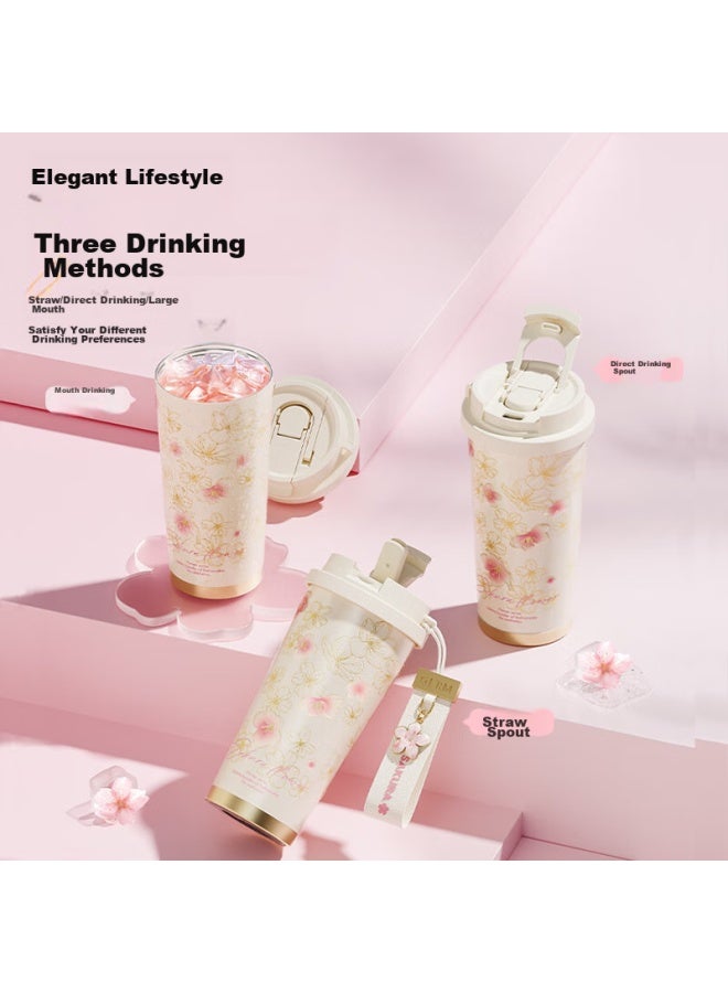 Germ Shining Double-insulated Water Bottle With Straw, Large Capacity Student Cup Gift Mug, 500ml Cherry Blossom - Image 2