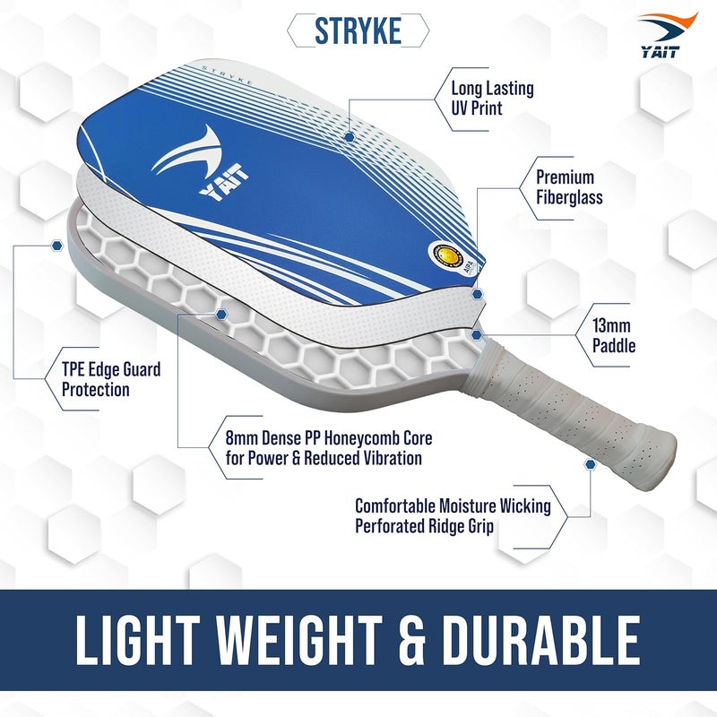 YAIT Sports Stryke Pickleball Paddle Set with Free Pickleball Bag | 2 Fiberglass Paddles & 2 Balls | Dense 8 mm PP Honeycomb Core | 13 mm Fiberglass Durable Paddle | AIPA Approved Pickle Ball Racket - Image 4