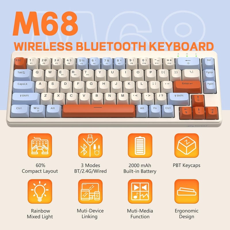 LexonElec X FREEWOLF M68 60% Wireless Gaming Keyboard, QWERTY Layout, BT/2.4G/Wired Silent Membrane Keyboard, Rainbow Backlit 67 Keys PBT Keycaps, 2000mAh Portable for Gamer/Office - Blue - Image 2