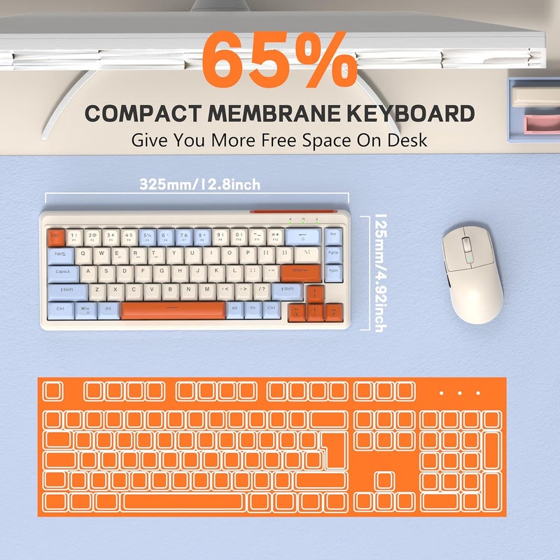 LexonElec X FREEWOLF M68 60% Wireless Gaming Keyboard, QWERTY Layout, BT/2.4G/Wired Silent Membrane Keyboard, Rainbow Backlit 67 Keys PBT Keycaps, 2000mAh Portable for Gamer/Office - Blue - Image 4