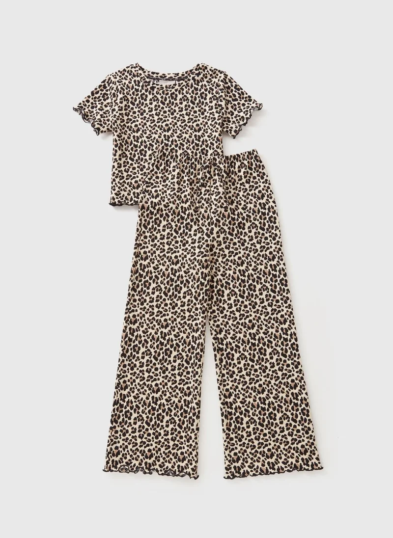 Matalan Girls Brown Leopard Crinkle Top & Short Set