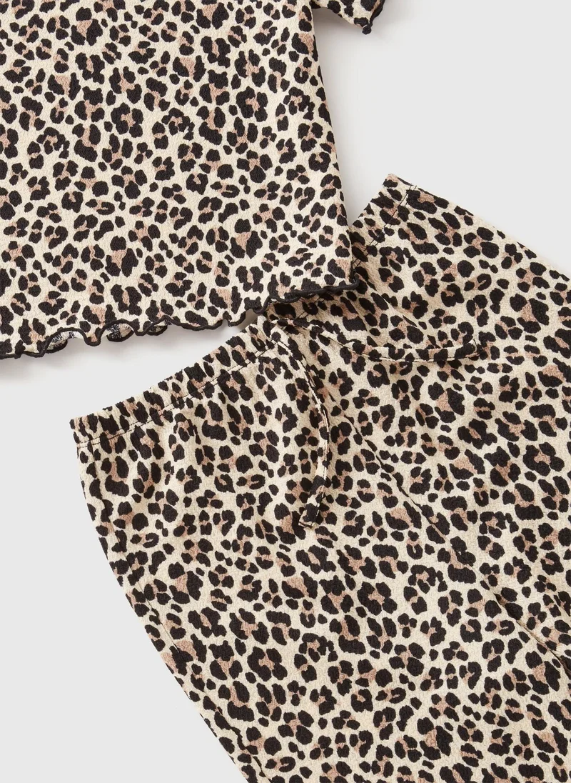 Matalan Girls Brown Leopard Crinkle Top & Short Set