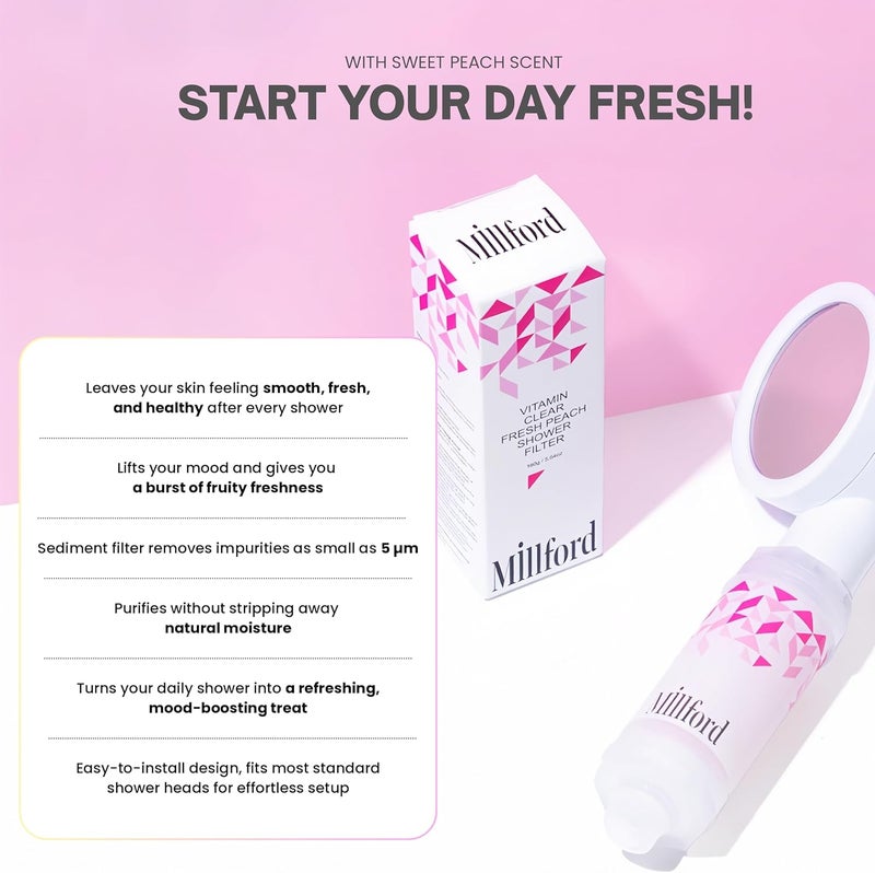 Millford Vitamin C Shower Filter - Korean Purifier for Hard Water, Removes 99% Chlorine & Impurities, Natural Shower Infuser Detox, Deep Cleansing for Skin & Hair Hydration Boost (Peach Scent) - Image 3
