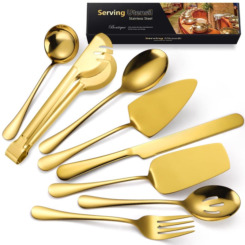 AARAINBOW Hostess Serving Utensils Set Large 8 Pcs Stainless Steel Serving Utensils for Parties Buffet Flatware Serving Sets with Serving Spoon Slotted Spoons Serving Forks Golden