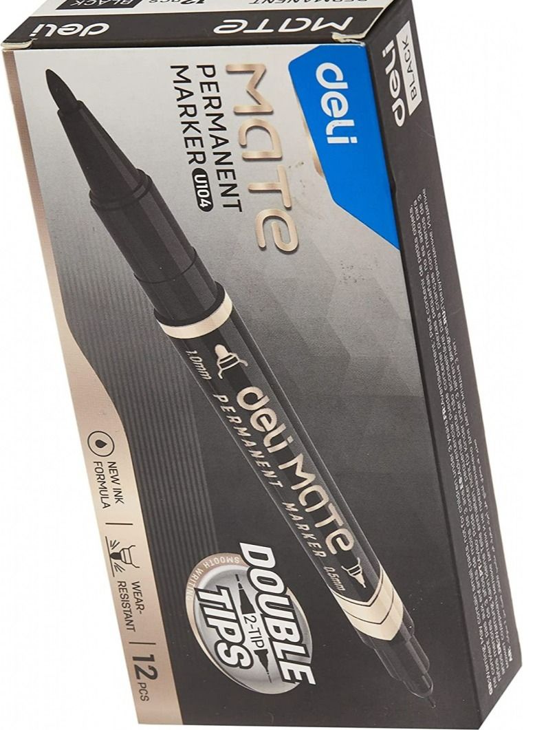 Deli قلم ماركر دائم بطرف مزدوج من ديلي مكون من 12 قطعة بلون أسود مزدوج الجوانب - Image 2