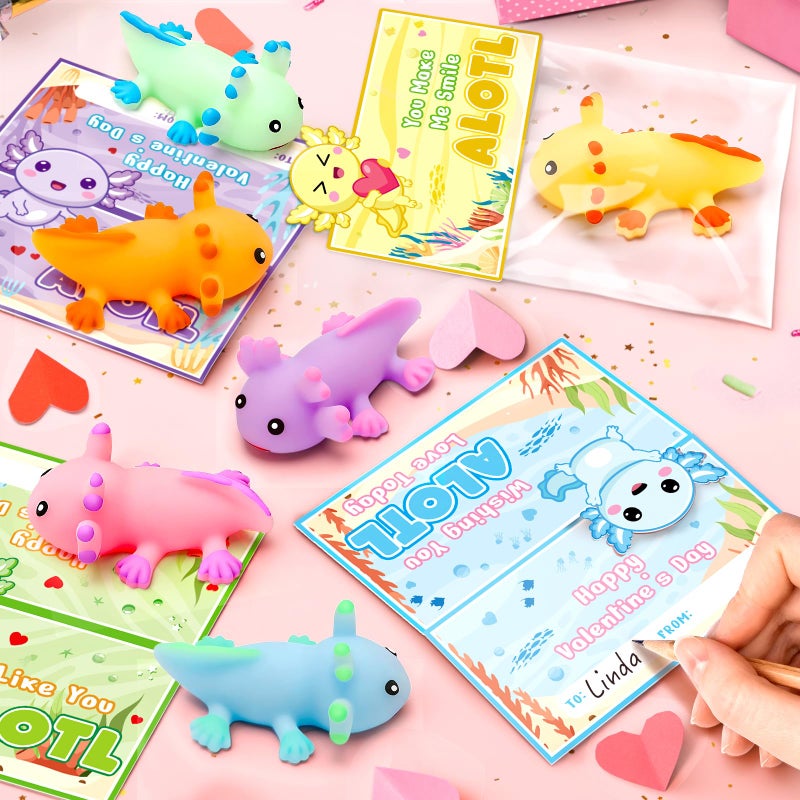 Jumlys Valentines Day Cards for Kids School, 24 Packs Cute Axolotl Squeeze Toys, Valentine Day Party Favors for Boys Girls, Ideal Exchange Cards for Classroom - Image 5